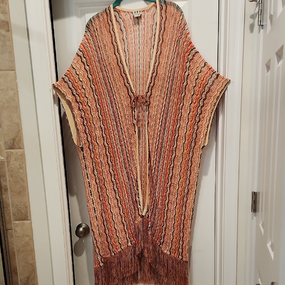 Haute Hippe Textured Knit Fringe Kimono Multi Rust & Cream Fits Many Sizes